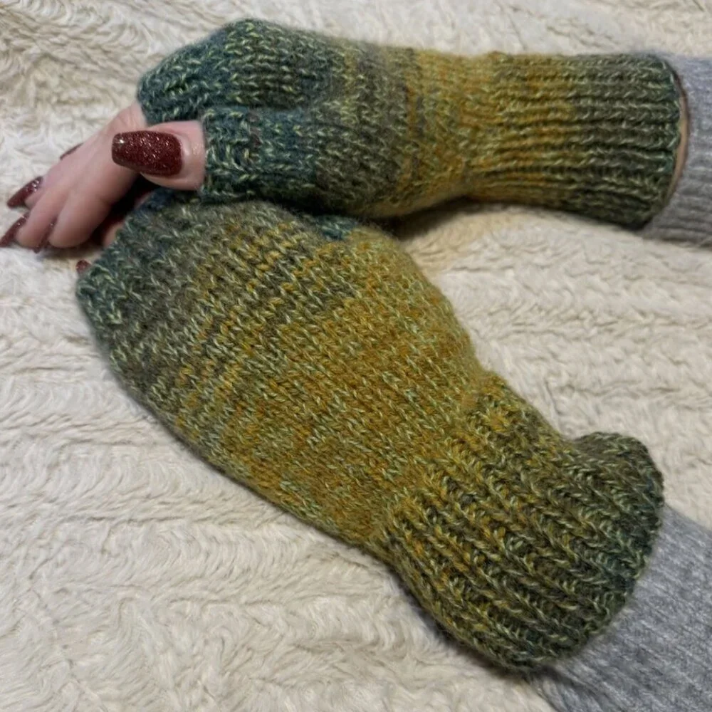 Handmade Women's Wool Blend Green Colorful Knit Fingerless Soft Mittens Gloves